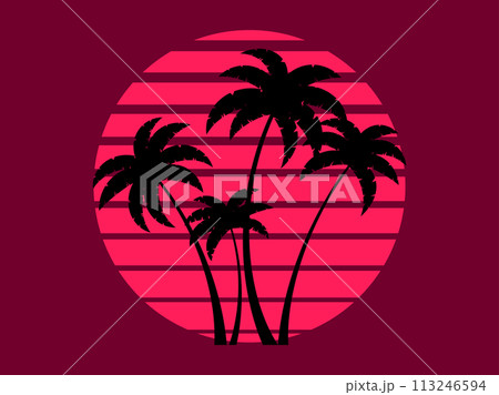 Tropical palm trees at sunset in a futuristic 80s style. Summer time, silhouettes of palm trees in synthwave and retrowave style. Design of advertising booklets and banners. Vector illustration 113246594