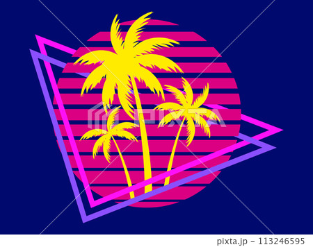 80s retro sci-fi palm trees on a sunset in triangular frame. Retro futuristic sun with palm trees. Synthwave and retrowave style. Design for advertising banners and posters. Vector illustration 113246595