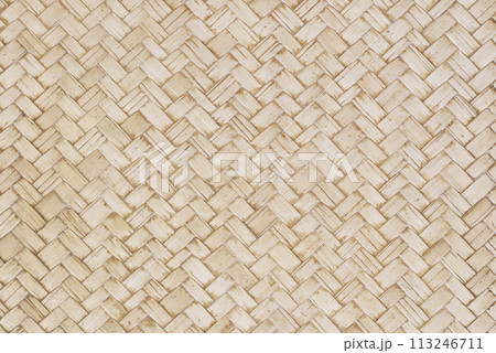 Old bamboo weaving pattern, woven rattan mat texture for background and design art work. 113246711