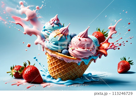 cold fruit sweet ice cream on a blue background. 113246729