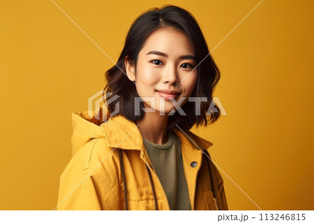 A woman in a yellow jacket is smiling at the...のイラスト素材 [113246815] - PIXTA