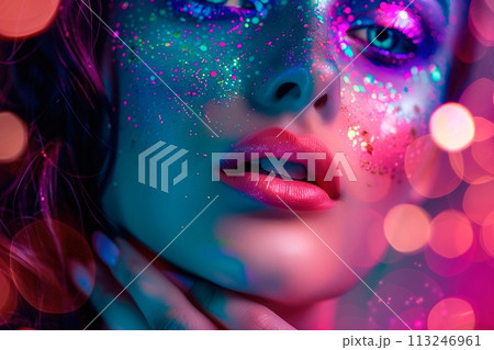 A woman with colorful makeup on her face, including pink lips 113246961