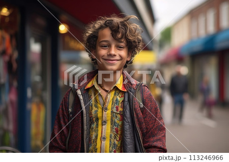 A young boy with curly hair is smiling in front of a store 113246966