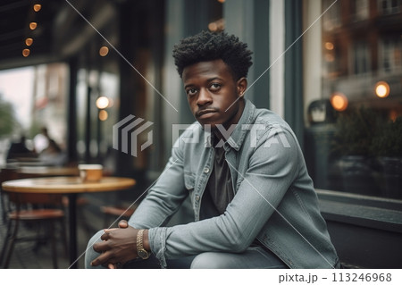A man with a beard and dreadlocks sits at a table with a cup in front of him 113246968