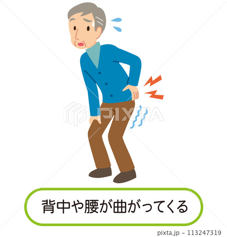 背中や腰が曲がってしまった高齢者　骨粗鬆症 113247319