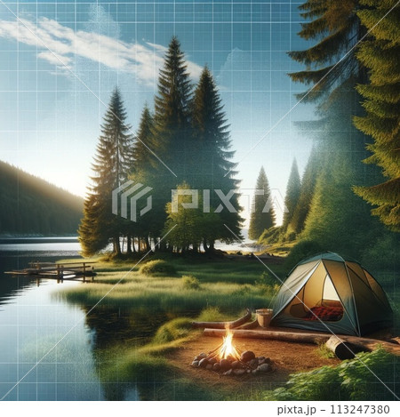 湖に反射するテント 湖に反射するテント 113247380