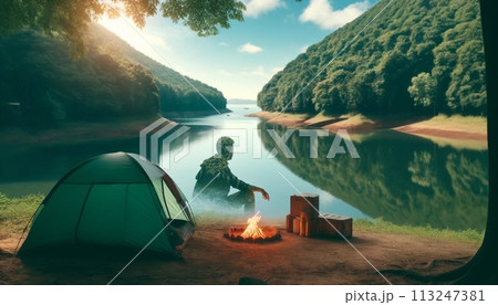 湖でソロキャンプをする男性 113247381