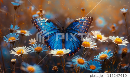 Generative ai illustration of a colored tropical morpho butterfly Generative ai illustration of a colored tropical morpho butterfly 113247410