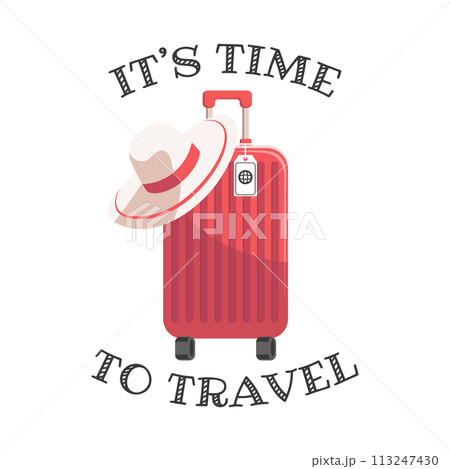 Time to travel calligraphy with travel suitcase and summer hat. Vacation and travel concept. Illustration. Vector 113247430