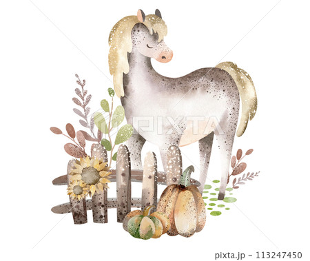 Watercolor cartoon horse.Cute pony stands near a fence with pumpkins.Stallion posing on a white background. Children hand drawn illustration of livestock. Pet in nature with harvest and sunflower. 113247450