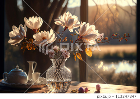 pink magnolia blooms 113247847