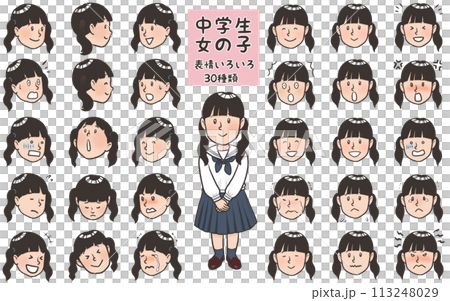 中学生女の子　表情いろいろ30種類 113248029