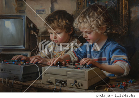 Children play computer games on TV using a game console, a child with a game console in his hands 113248368