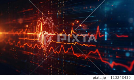 Heartbeat line and AI code. Real-time monitoring of heart health with AI 113248439