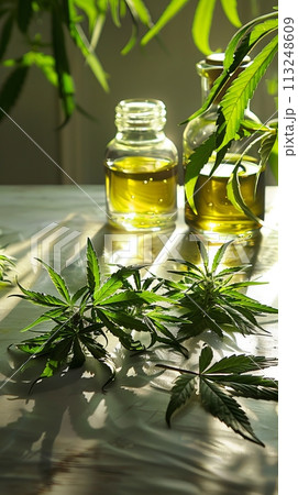 Cosmetic essence from the Cannabis plant, bottles with essence next to Cannabis leaves 113248609