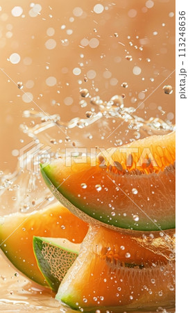 Fresh ripe sliced melon slices in splashes of water, healthy fruit Fresh ripe sliced melon slices in splashes of water, healthy fruit 113248636