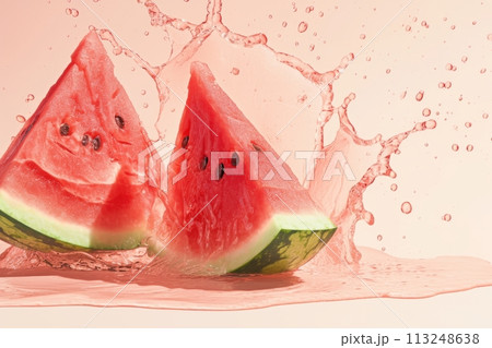 Fresh ripe sliced watermelon slices in splashes of water, healthy fruit 113248638
