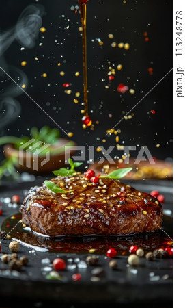Grilled beef steak in Teriyaki sauce, delicious juicy beef steak with spices and sauce close-up on a board on a dark background 113248778