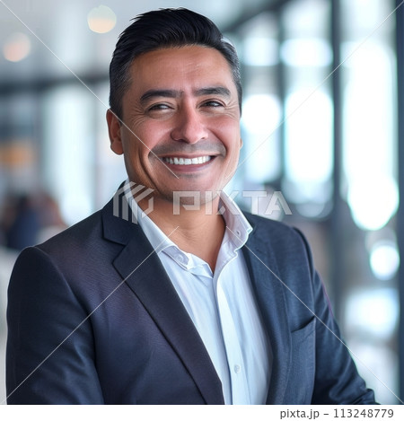 Smiling Hispanic businessman 40-50 years old, active business man in front of his office Smiling Hispanic businessman 40-50 years old, active business man in front of his office 113248779