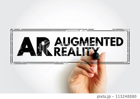 AR Augmented Reality - interactive experience of a real-world environment where the objects that reside in the real world are enhanced by computer-generated information, acronym concept stamp 113248880