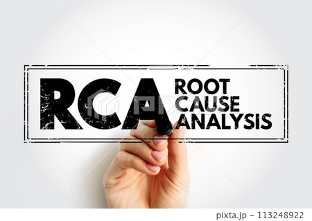 RCA Root Cause Analysis - method of problem solving used for identifying the root causes of faults or problems, acronym text stamp 113248922