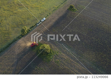 Harvester in Pampas Countryside, aerial view, La Pampa province, Argentina. Harvester in Pampas Countryside, aerial view, La Pampa province, Argentina. 113249066