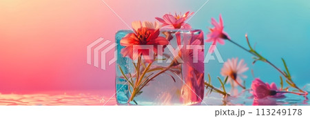 Fresh different flowers in an ice cube on a pink background, frozen flowers, banner 113249178