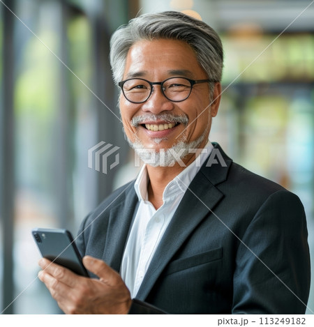 Smiling Asian businessman 50-60 years old, active business man against the background of his office 113249182