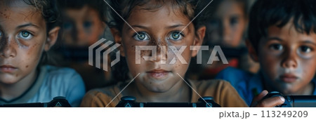 Children play computer games on TV using a game console, a child with a game console in his hands, banner 113249209