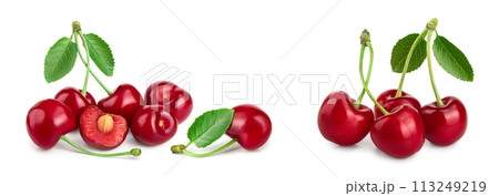 Some cherries with leaf and cut closeup isolated on white background Some cherries with leaf and cut closeup isolated on white background 113249219