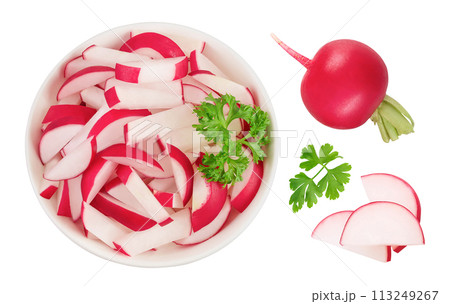 Radish slices in ceramic bowl isolated on white background. Top view. Flat lay 113249267