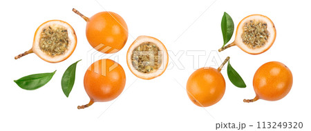 Granadilla or yellow passion fruit with leaf isolated on white background. Top view. Flat lay Granadilla or yellow passion fruit with leaf isolated on white background. Top view. Flat lay 113249320