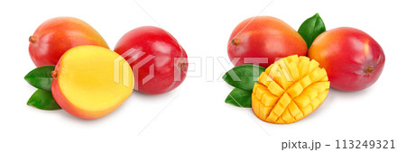 Mango fruit half with leaves and slices isolated on white background close-up 113249321