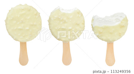 Bitten coconut Ice cream bar with white chocolate coating isolated on white background. 113249356