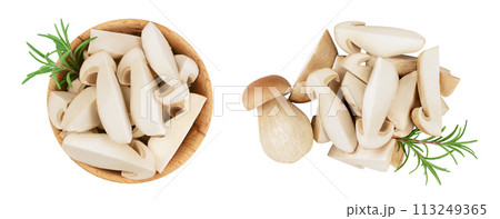 Fresh porcini cep mushroom slices in wooden bowl isolated on white background. Top view. Flat lay 113249365