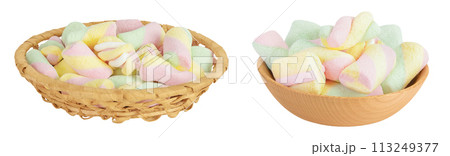 Colorful mini marshmallows in a wicker basket isolated on white background with full depth of field 113249377