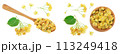 Linden flowers with leaf in wooden spoon and bowl isolated on white background. Top view. Flat lay. 113249418