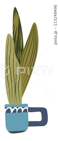 Rustic flower cup with handle and plant with leaf 113249490