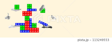 Human hands connecting puzzles, blocks symbolizing coordinated efforts in achieving business goals. Contemporary art collage. Human hands connecting puzzles, blocks symbolizing coordinated efforts in achieving business goals. Contemporary art collage. 113249553