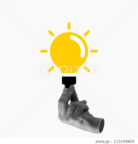 Human hand holding glowing lightbulb, symbolizing creative and successful business ideas. Innovative approaches. Contemporary art collage. Human hand holding glowing lightbulb, symbolizing creative and successful business ideas. Innovative approaches. Contemporary art collage. 113249603