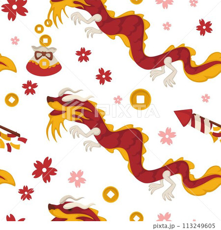 Chinese dragon and firecracker holiday celebration 113249605