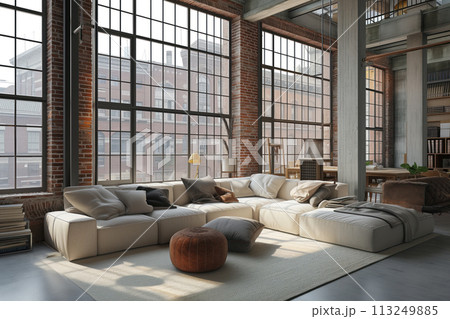 An apartment with large, high windows located in New York City it has a large spacious living room AI Generation 113249885