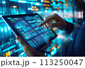 In a data center, man uses a tablet to configure servers AI Generation 113250047