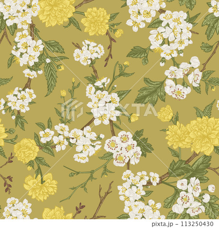 Spring seamless pattern with blooming garden trees. Branches in flowers on a mustard background. Kerry, hawthorn, cherry. Vector botany. Spring seamless pattern with blooming garden trees. Branches in flowers on a mustard background. Kerry, hawthorn, cherry. Vector botany. 113250430