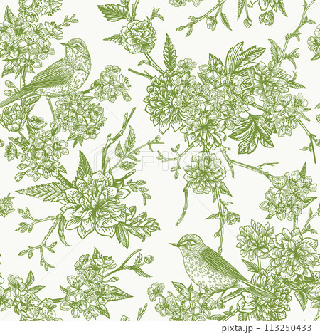 Seamless floral pattern with birds. Blooming garden trees. Vector detailed design. Green. 113250433