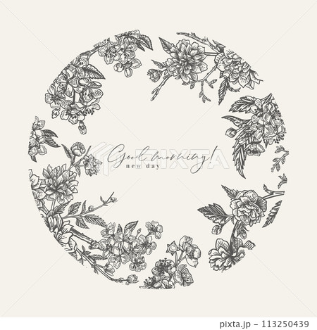 Vector round frame with spring flowers. Detailed vintage floral background. Full bloom. Kerry, hawthorn, cherry. Black and white Vector round frame with spring flowers. Detailed vintage floral background. Full bloom. Kerry, hawthorn, cherry. Black and white 113250439
