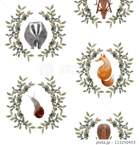 Stag, fox, badger, snail blueberry wreath watercolor seamless pattern isolated on white 113250453