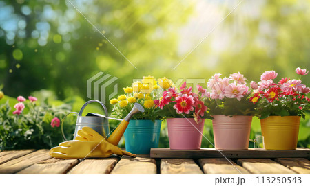 Watering can and gloves on wooden table with colorful flower pots. A sunny garden background 113250543
