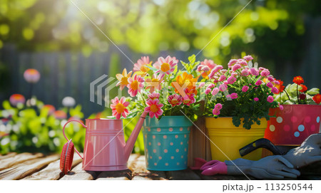Colorful flower pots and garden accessories on wooden table. A bright background of sunny garden 113250544