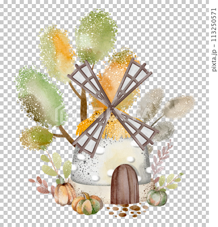 Windmill watercolor illustration. Cartoon will of rustic nature. The windmill, pumpkins and tree are hand drawn. Countryside backyard on white background. 113250571